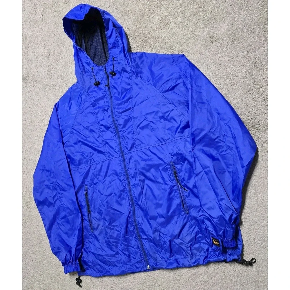 Vintage 90s REI Blue Nylon Windbreaker‎ Jacket Mens XL Hooded Full Zip Outdoor